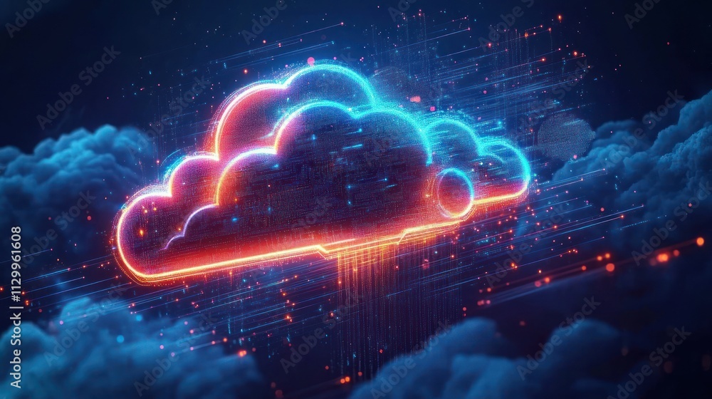 Poster futuristic cloud computing digital storage network technology with neon lights and glowing data stre