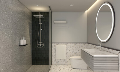 Modern bathroom interior design and terrazzo floor and circle mirror lighting. 3d renedering