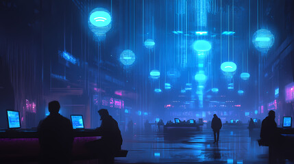 Blue wireless communication signals emanating from a central point connecting smart devices in a futuristic digitally enhanced environment. Omnipresent. Illustration
