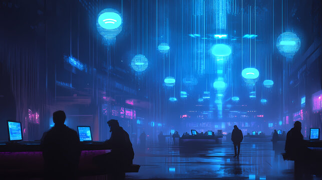 Blue wireless communication signals emanating from a central point connecting smart devices in a futuristic digitally enhanced environment. Omnipresent. Illustration