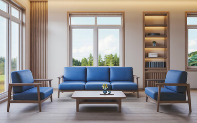 Fototapeta premium modern living room with a large blue sofa and two blue armchairs. The room has wooden , including a wooden coffee table and a bookshelf. There is a potted plant near the window.