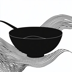 This artwork features a black and white silhouette of a poke bowl designed with minimalist stroke lines, creating an abstract and appealing look