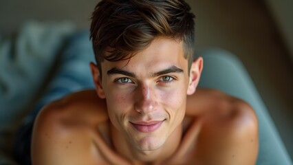 Obraz premium Smiling Young Man With Tousled Hair Relaxing Indoors During Daylight