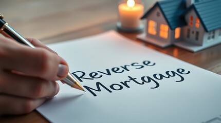 A hand writing "reverse mortgage" next to a model house, symbolizing senior finance and the value of home equity for retirement planning.

