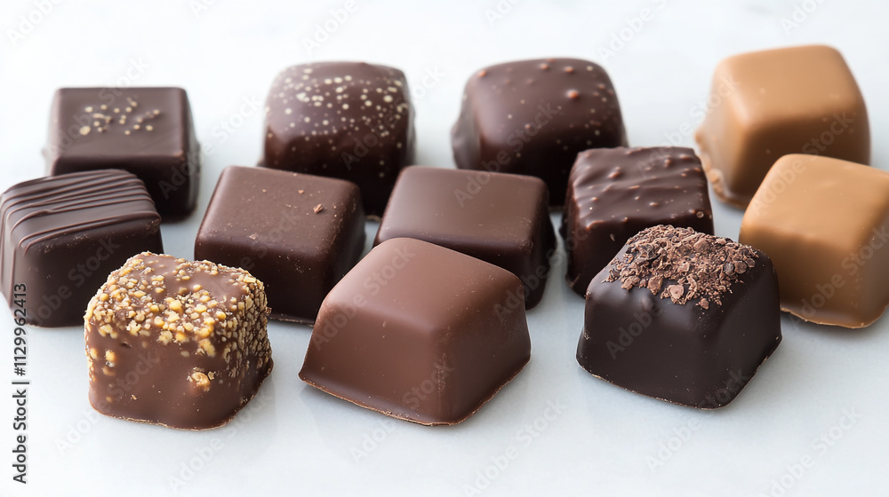 Aufkleber various types of assorted chocolates displayed on a light background