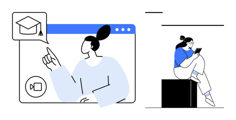 Person pointing at graduation cap in video call window, another reading tablet. Ideal for online learning, remote education, virtual classrooms, e-learning platforms, distance teaching, digital
