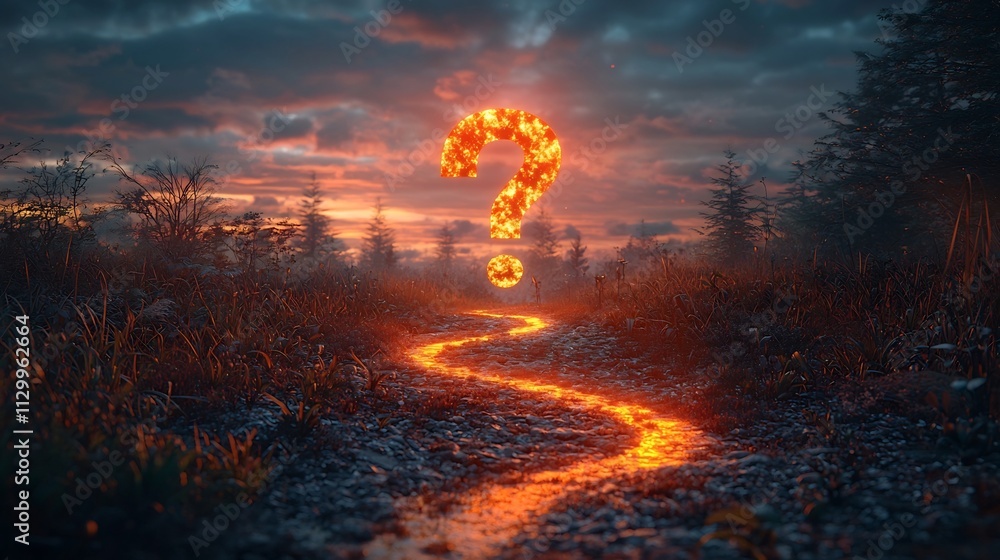 Poster glowing question mark hovering over crossroads in dramatic rural landscape with paths leading in dif