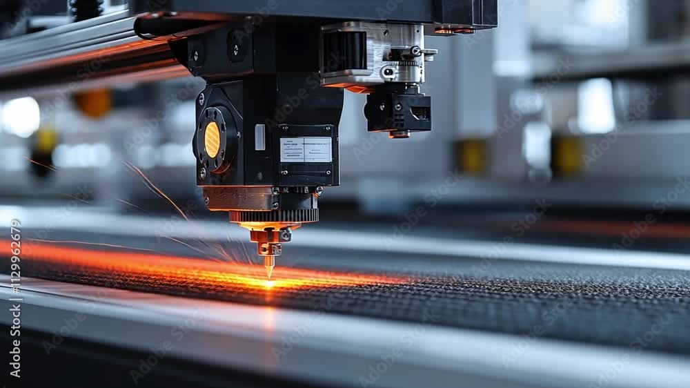 Poster precision laser cutting in action: a close-up shot of a high-tech laser cutting machine in operation