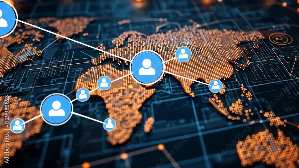 Poster global network connections illustrated on a digital map with user icons in a technology setting