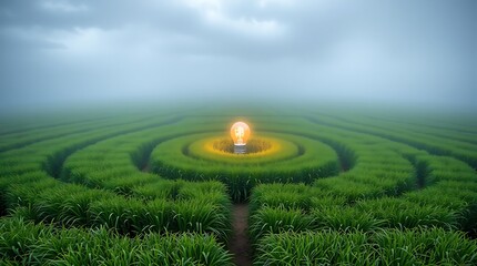 A glowing lightbulb at the heart of a vast green maze, symbolizing the emergence of an idea or solution amidst a complex challenge.

