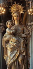 Madonna and Child Statue in Gothic Cathedral with Gold Details Illuminated by Candlelight