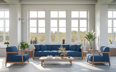 modern living room with a large blue sofa and two blue armchairs. The room has wooden , including a wooden coffee table and a bookshelf. There is a potted plant near the window.