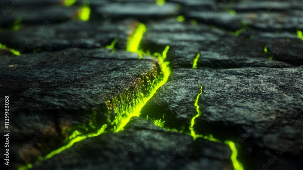 Poster A dramatic close-up of glowing green cracks running through a dark, textured rock surface, creating a futuristic and otherworldly atmosphere, perfect for sci-fi or abstract themes.. AI Generation