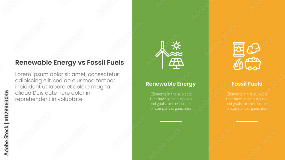 Poster Renewable energy vs fossil fuels comparison concept for infographic template banner with big column banner on right layout with two point list information