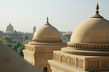 Naklejka premium Stunning Architectural Domes Overlooking a Historical Cityscape with Intricate Designs and Soft Morning Light Filtrating Through the Structures Enhancing the Beauty of the Landscape