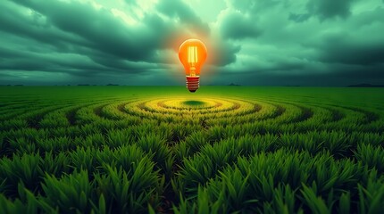 A glowing lightbulb at the heart of a vast green maze, symbolizing the emergence of an idea or solution amidst a complex challenge.

