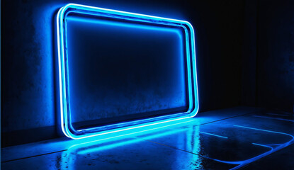 A captivating blue neon rectangular frame emits a vibrant glow, casting an ethereal radiance on a sleek concrete floor amidst swirling smoke. This versatile template ensures you stand out in the darkn