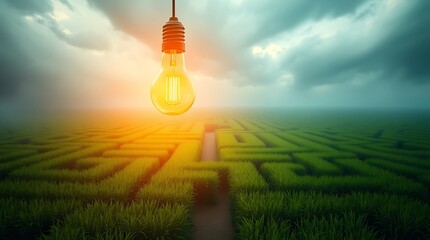 A glowing lightbulb at the heart of a vast green maze, symbolizing the emergence of an idea or solution amidst a complex challenge.

