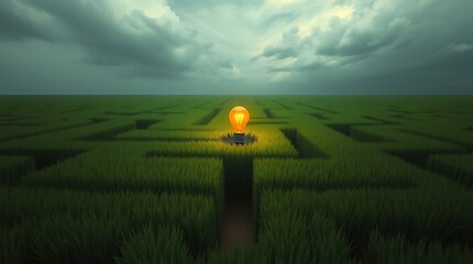 A glowing lightbulb at the heart of a vast green maze, symbolizing the emergence of an idea or solution amidst a complex challenge.

