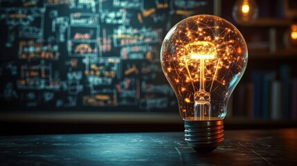 Glowing Light Bulb Illuminating Mathematical Equations on a Blackboard Representing Science and Education