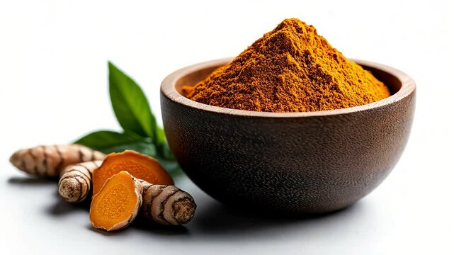 Bowl of turmeric powder with fresh rhizomes and green leaves, white isolated background