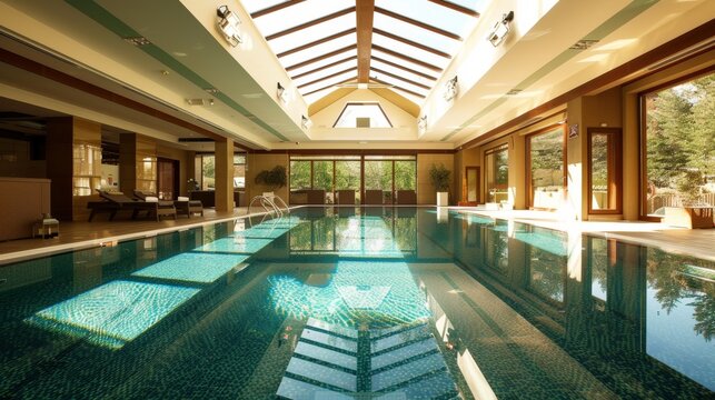 Stylish indoor swimming pool with a sophisticated layout and sunlight streaming in through tall glass doors