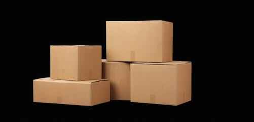 Obraz premium Stack of cardboard boxes in various sizes and shapes, showcasing wear and tear, on black background