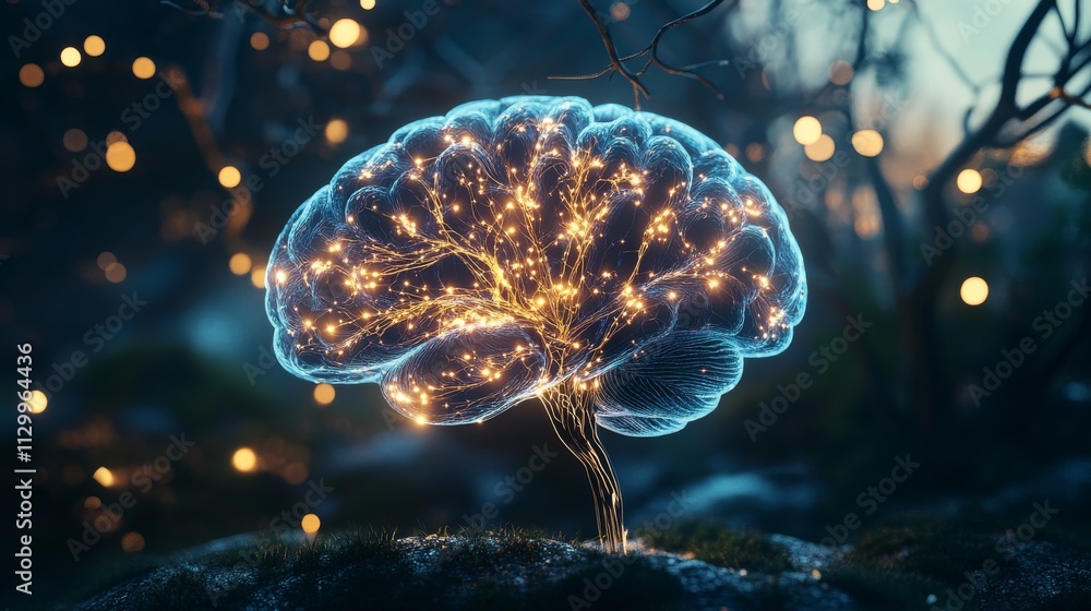 Poster a glowing neural network, shaped like a brain, set in a mystical forest. the image combines technolo