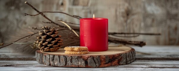 Obraz premium red Christmas candle on rustic wooden boards - Decoration with natural elements, twigs, pine cones and cookies - Advent background with copy space. MZ