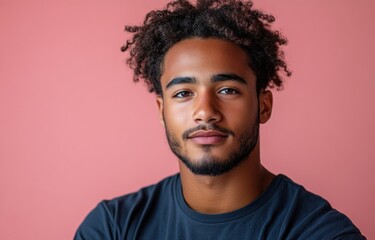 Confident Young Man in Casual Navy Shirt Against Pink Background with Laptop