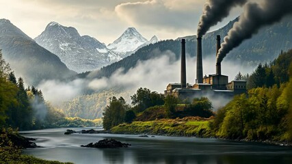 Smoke billows from industrial plant near river and mountains at dawn with mist rising from water