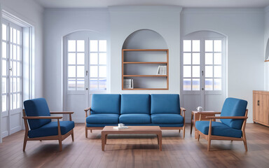 Fototapeta premium modern living room with a large blue sofa and two blue armchairs. The room has wooden , including a wooden coffee table and a bookshelf. There is a potted plant near the window.
