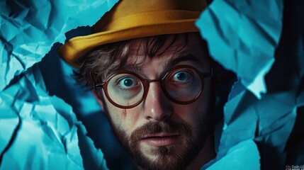 A surreal close-up shot of a man dramatically emerging through a torn blue backdrop, his astonished face framed by a yellow bowler hat and round, comical glasses
