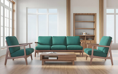 modern living room with a large green sofa and two green armchairs. The room has wooden , including a wooden coffee table and a bookshelf. There is a potted plant near the window.