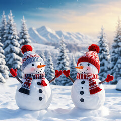 Obraz premium Merry Christmas and Happy New Year greeting card with copy space. Many snowmen standing in winter Christmas landscape.