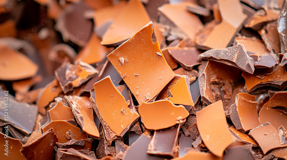 Poster chocolate shards scattered on a surface create an inviting dessert backdrop in a kitchen setting