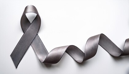 Brain Cancer Awareness Symbol. Gray Ribbon with Copy Space for Text. White Background Isolated. Flat Lay Top View.