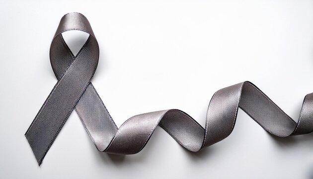 Brain Cancer Awareness Symbol. Gray Ribbon with Copy Space for Text. White Background Isolated. Flat Lay Top View.