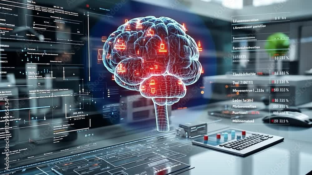 Poster futuristic digital brain model displaying neural connections in a high-tech laboratory at sunset