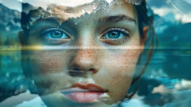 Serene Reflections: A captivating double exposure portrait of a young woman, her face overlaid with a breathtaking mountain lake landscape, evokes a sense of tranquility and inner peace.
