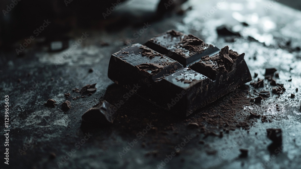 Poster Chocolate bar on rustic surface with cocoa crumbs scattered around