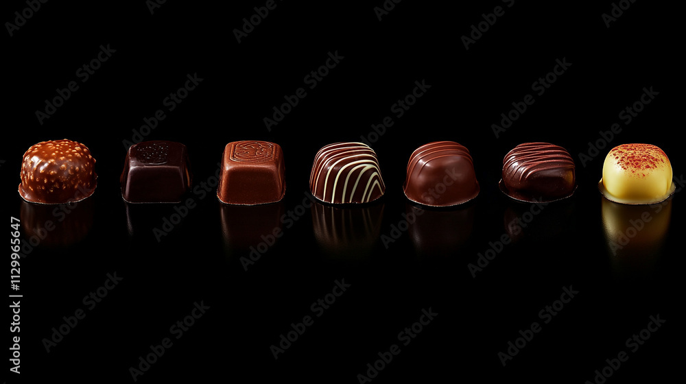 Aufkleber various types of chocolates arranged in a line on a reflective surface