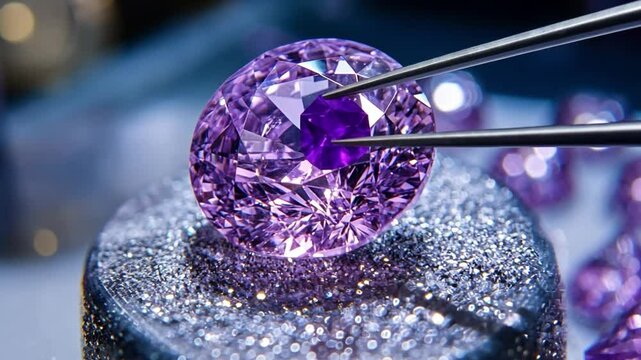 Purple Gemstone Close-up: A vibrant, close-up shot of a glistening purple gemstone held by tweezers, showcasing its intricate facets and captivating brilliance.  
