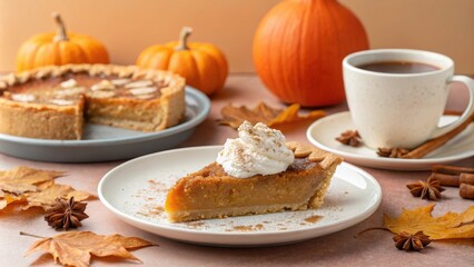 Festive Apple Pie and Pumpkin Decor in Autumn Setting