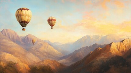 Fototapeta premium Soft, picturesque illustration of hot air balloons peacefully floating over a mountainous terrain at sunrise. The gentle pastel colors and distant mountain peaks create a sense of calm and vastness