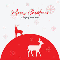 Christmas poster greeting card on a red background deer. new year deer and snow