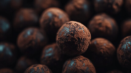 Chocolate truffles arranged closely on a dark surface with a soft glow