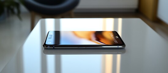 A high-end smartphone placed flat on a spotless white table reflecting ambient lighting and vivid detail. contrast colorful well-lit sharp realistic and visually appealing realistic