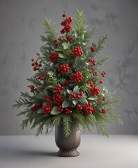 Fototapeta premium Winter floral arrangement with evergreen branches and holly, winter wonderland , holly, holiday decor