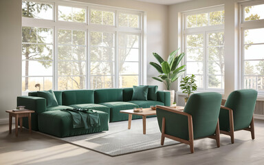Fototapeta premium modern living room with a large green sofa and two green armchairs. The room has wooden , including a wooden coffee table and a bookshelf. There is a potted plant near the window.